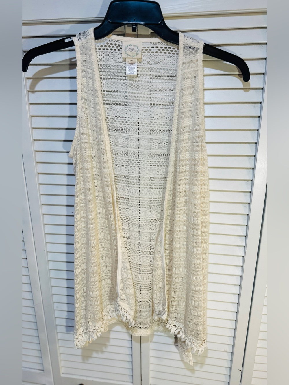 Boho Fringe Crochet Lace Vest Large Ivory Open Front Festival Style - Picture 3 of 10